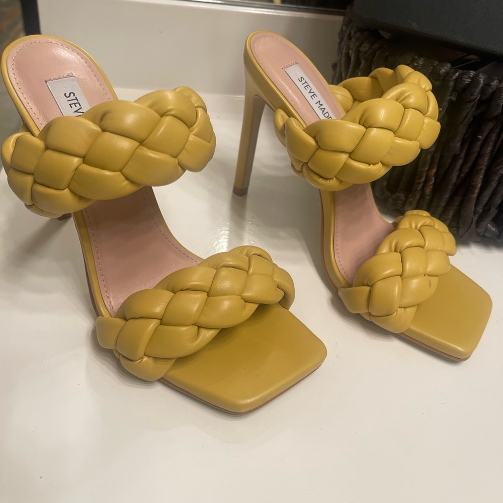 Steve Madden Mustard Yellow Braided Strap High Heel Sandals- Kenley